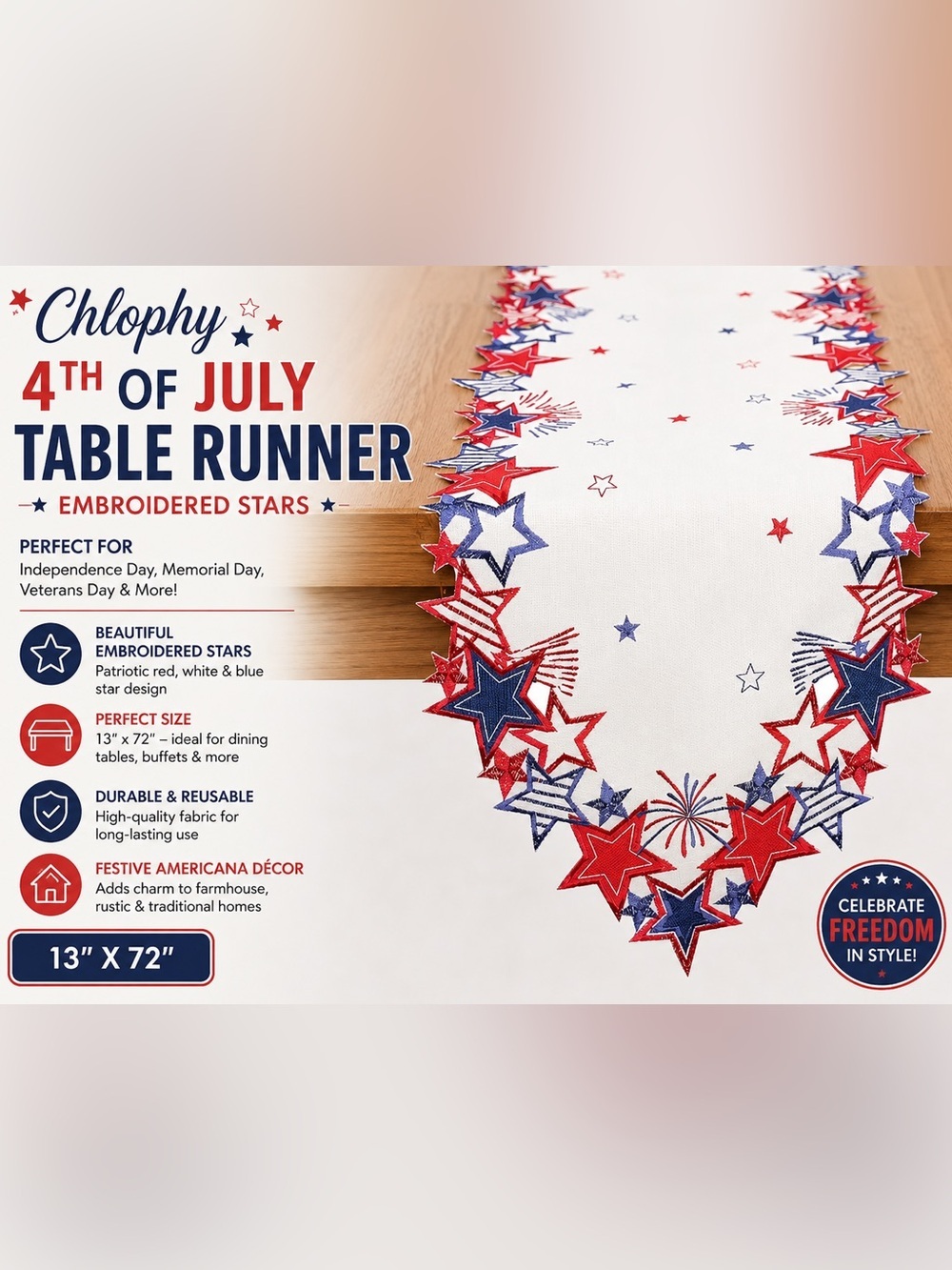 Chlophy Patriotic Embroidered Stars Table Runner 13”x72” 4th of July Americana D